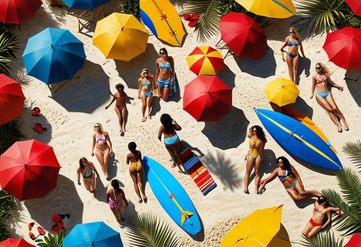 A vivid summer beach scene showcasing diverse swimwear styles on a sunlit shore, with people of various ages and body types enjoying the vibrant coastal atmosphere. Include colorful beach umbrellas, surfboards, and tropical plants in the background. Capture the essence of summer fashion and fun. hyper-realistic. vibrant colors. sunny atmosphere.