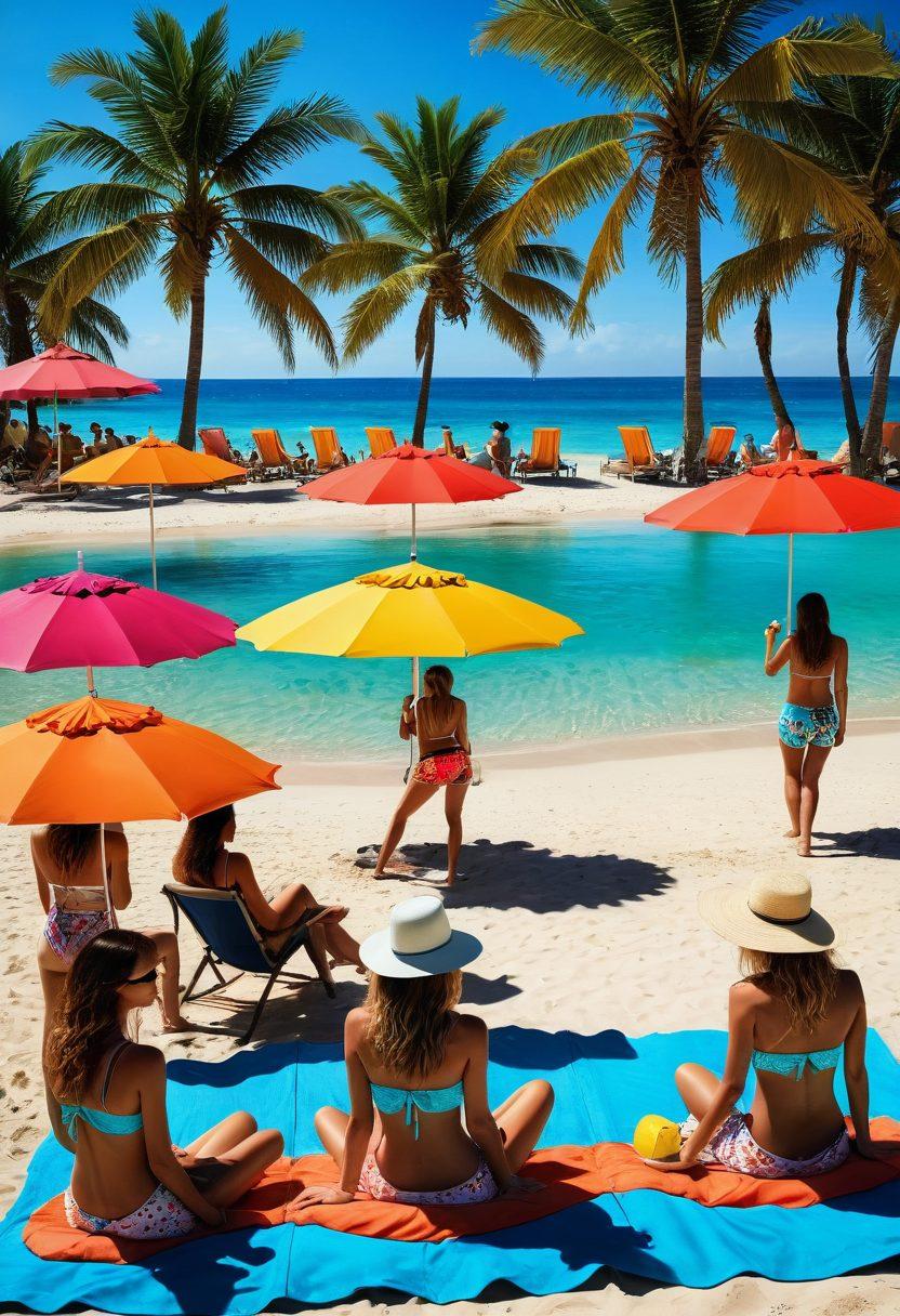 A stylish summer beach setting with a vibrant sandy shore and a colorful beach bar in the background. Show a group of fashionable young people enjoying cocktails, wearing trendy coastal chic outfits, with sun hats, sunglasses, and bold patterns. Bright blue skies and turquoise water create a lively atmosphere, while beach umbrellas add pops of color. Capture the essence of summer fun and fashion in a seamless transition from beach to bar. super-realistic. vibrant colors. tropical theme.
