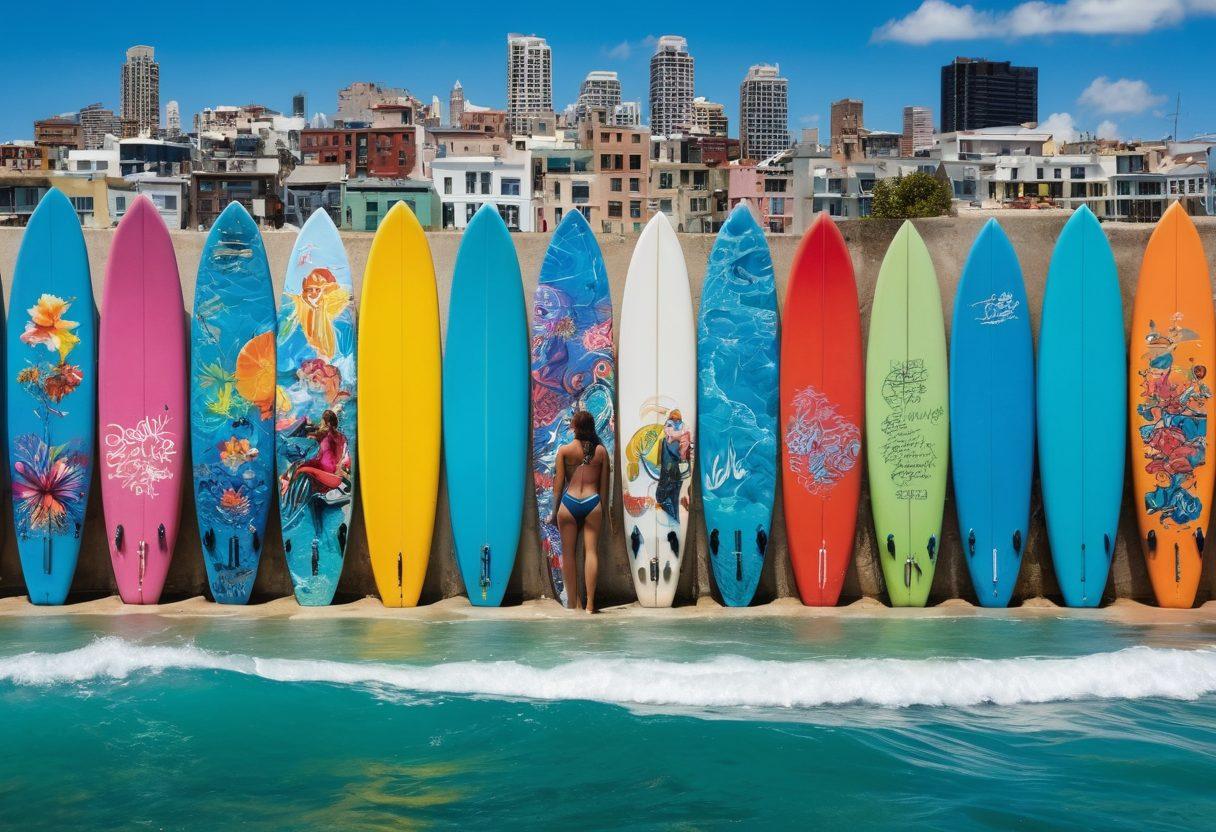 A vibrant street scene showcasing diverse individuals wearing stylish aquatic-themed apparel, blending urban fashion with ocean-inspired designs. Include splashes of colorful graffiti art on buildings, surfboards leaning against a wall, and models striking dynamic poses. The background features a skyline with a blue sky and water elements infused into the urban landscape. super-realistic. vibrant colors. urban vibes.